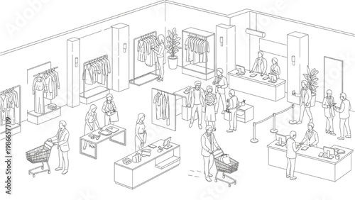 Top Down Retail Shopping Experience CAD Style Vector Set, Architecture Outline Human Activity System, Supermarket Workflow Diagram, Isolated White Background