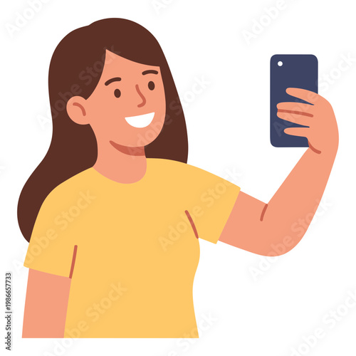 Woman takes selfie with smartphone in hand smiling brightly indoors