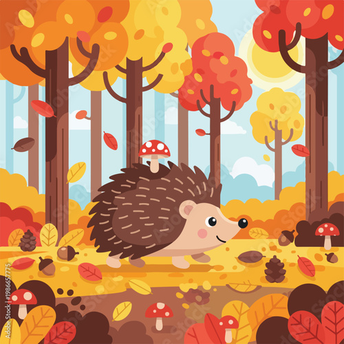 A cartoon hedgehog in an autumn forest