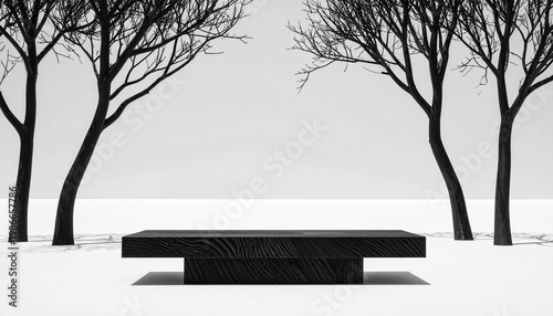 Minimalist black trees frame a modern textured pedestal against a stark white and light grey background.