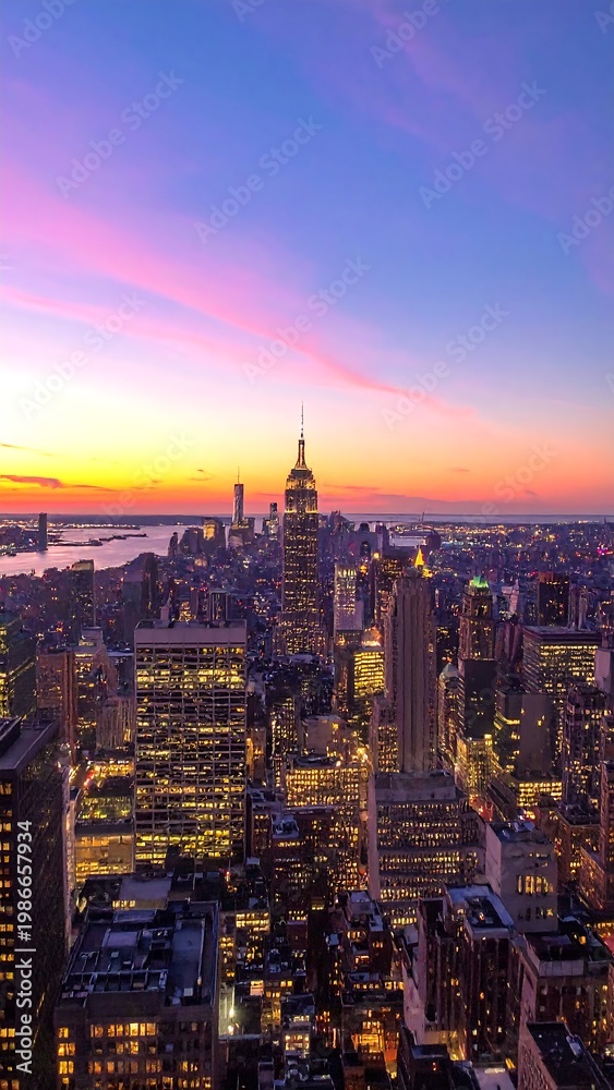 Obraz premium Aerial view of a towering city skyline at dusk with the sun setting