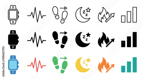 Fitness and health tracker icon set showing a smartwatch, heartbeat, steps, sleep, calories burned, and progress chart in outline, solid glyph, and colorful flat styles
