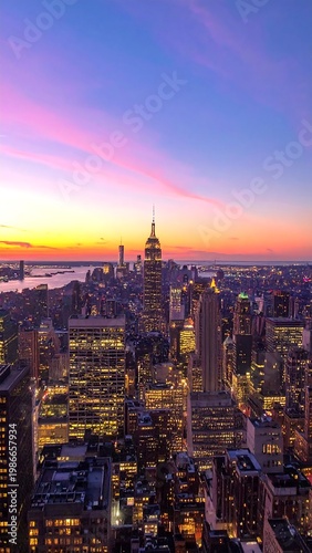 Aerial view of a towering city skyline at dusk with the sun setting