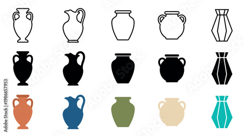 Set of ancient and modern pottery icons featuring various shapes like amphorae, jugs, and pots, shown as line art, black silhouettes, and colorful flat vectors