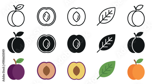 Plum fruit and leaf icons are presented in a comprehensive collection, featuring outline, solid black, and vibrant color variations, depicting whole fruits and cross-sections with pits