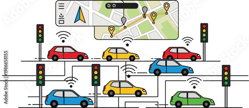 Smart traffic system with connected cars, GPS navigation, and traffic lights