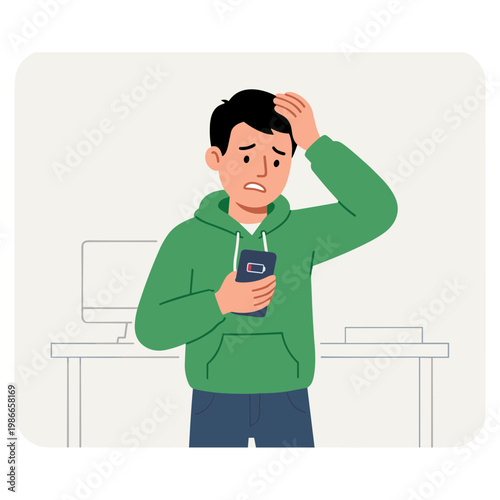 A man in a green hoodie looks frustrated while holding a phone and touching his head in an office setting.