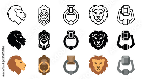 Vector icon set of lion heads, door knockers, and rings, illustrated in three distinct graphic styles: outline, solid black silhouette, and modern flat color design elements