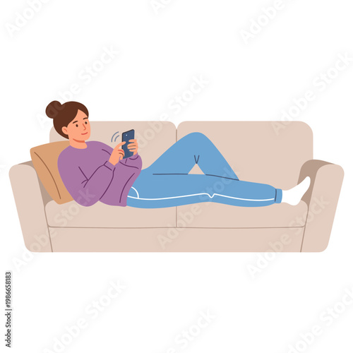 A woman lies on a couch indoors reading a book leisurely.