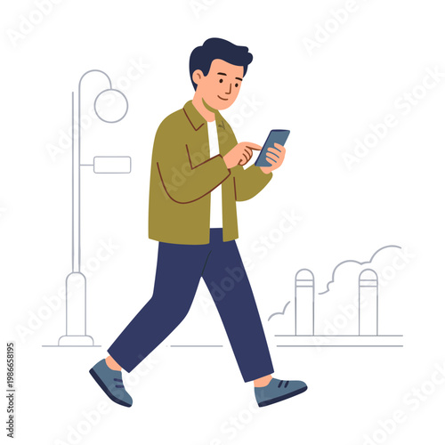Man walks down street while looking at phone near lamp post and industrial buildings
