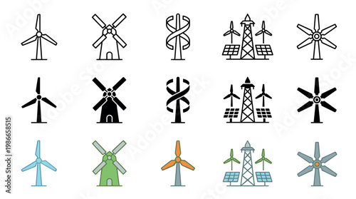Fifteen distinct renewable energy icons are presented in outline, solid, and colored styles, depicting various wind turbines, windmills, and solar power elements