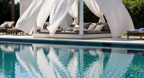 Luxury poolside cabana, white draped canopy, turquoise water, resort relaxation, outdoor lounge