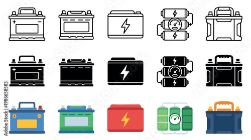 Collection of diverse battery icons showcasing various power sources and energy storage solutions in outline, solid, and colorful flat design styles