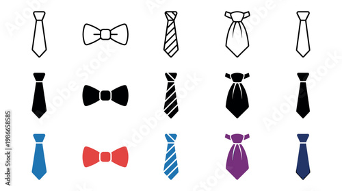 Collection of necktie and bow tie icons in various styles including line art, solid black silhouettes, and colorful flat designs showing different types of formal neckwear