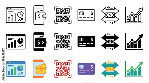 Three rows of financial and digital transaction icons are neatly arranged, showcasing various payment methods, data analysis, and market growth in a clean, modern design