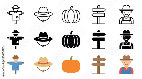 Collection of farming and autumn themed icons displayed in three distinct graphic styles, including outline, solid, and flat designs, perfect for seasonal and agricultural concepts