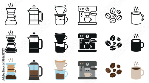 Various coffee brewing equipment and related items are depicted in a collection of outline, solid, and flat design icons, showcasing different preparation methods and elements