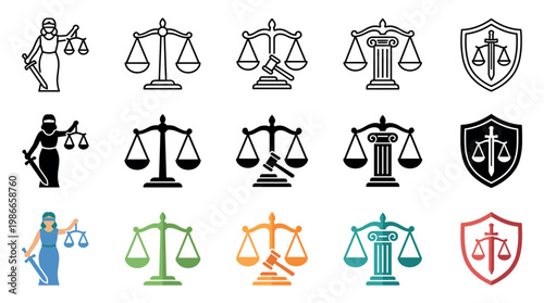 Fifteen diverse justice and law icons are presented in a clean grid, featuring Lady Justice, balance scales, gavels, and shields in various outline, silhouette, and colorful flat design styles