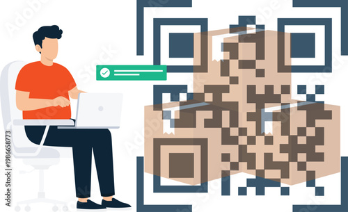 Young man laptop work QR code digital scanning online payment e-commerce shipping logistics tracking modern technology business process data transfer