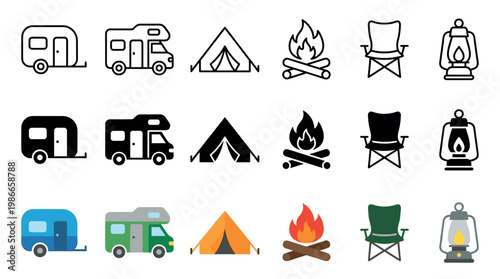 Set of camping and outdoor recreation icons in three styles, line, glyph, and flat color, depicting a trailer, RV, tent, campfire, folding chair, and a portable lantern