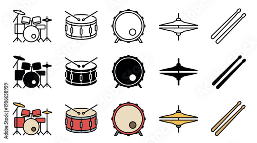 Collection of drum set vector icons showing a full kit, snare, bass drum, cymbal, and sticks in line art, glyph, and colorful flat design styles