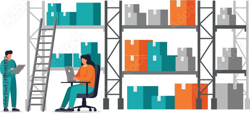 Warehouse logistics, inventory management, stockroom organization, people working