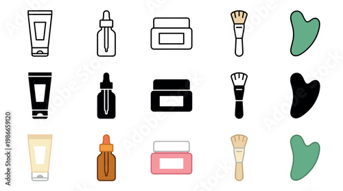 Collection of skincare and beauty product icons featuring tubes, dropper bottles, jars, brushes, and gua sha tools rendered in outline, solid, and colored flat design styles