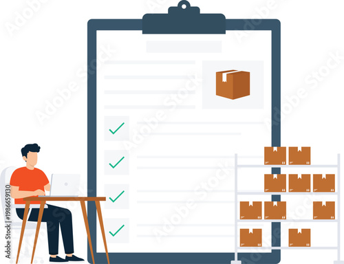 Logistics worker managing inventory checklist, shipping boxes, and order fulfillment using laptop for digital commerce supply chain operations