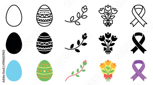 Collection of holiday and event icons including Easter eggs, flowers, and awareness ribbons in line art, glyph, and flat color styles for various design projects