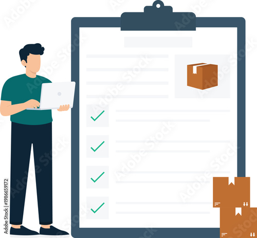 Man checking logistics management order fulfillment shipping checklist inventory control delivery tracking business operations digital verification flat design modern concept