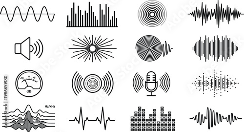 Tableau sur toile Sound wave icons set, audio signal equalizer collection, black vector illustrati