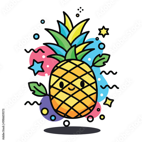 Smiling cartoon pineapple with colorful background