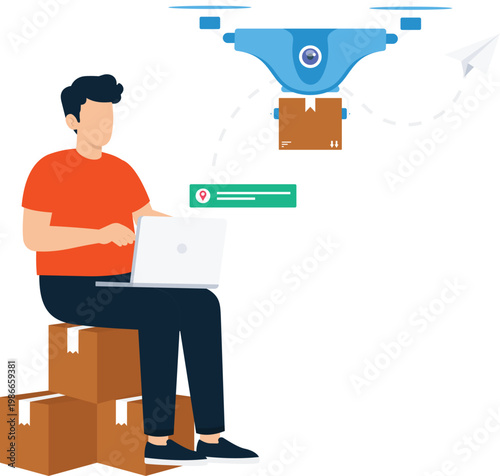 Man tracking drone delivery package online shopping logistics service future technology e-commerce concept automated shipment digital fulfillment cardboard boxes laptop computer