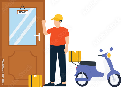 Delivery person home delivery courier service knocking door package shipping online shopping scooter transport fast logistics residential entrance doorstep service express mail shipping service