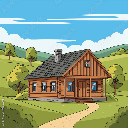 A cartoon house on a green hill