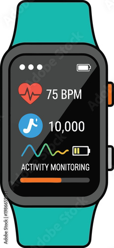 Smartwatch displaying fitness data: heart rate, steps, and activity monitoring.