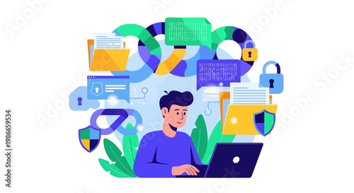 A vector cybersecurity illustration depicts a person working on a laptop surrounded by security icons, data streams, and padlocks against a clean white background, conveying a sense