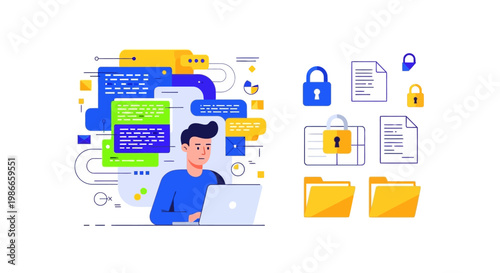 Vector art featuring a cybersecurity design depicts a character protecting data on a laptop from a cyberattack, set against a clean white background with a businesslike and secure mood