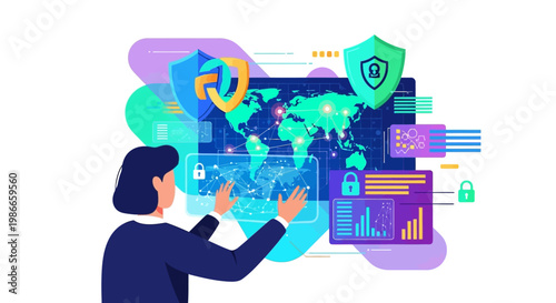 Vector illustration of a cybersecurity expert character interacting with a world map interface displaying security data and icons, set against a clean white background with a modern, flat