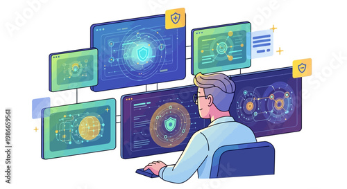 Vector illustration of a cybersecurity expert, viewed from behind, working at a computer with multiple monitors displaying security data, rendered in a flat, cartoon style against a clean