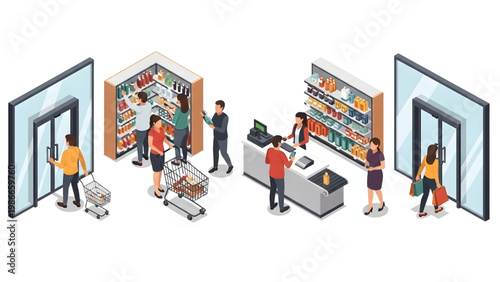 Isometric Retail Shopping Experience Vector Set, Human Activity System, Entering Store, Selecting Items, Billing Counter, Exit Flow, Clean Minimal White Background
