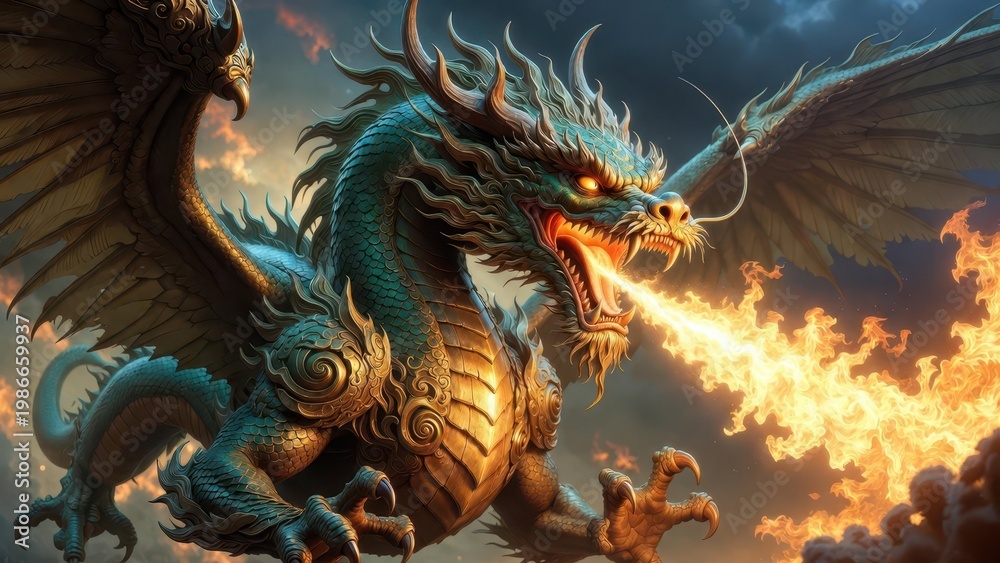 Obraz premium Majestic Dragon Breathing Fire Against an Epic Stormy Sky