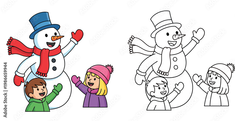 Fototapeta premium Snowman with Kids Coloring Page, Winter Holiday Activity Illustration for Children, Colored and Line Art Vector Set