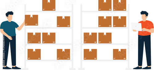 Warehouse workers inventory management logistics service cardboard boxes storage shelves stock control fulfillment center digital technology shipping packages business operations