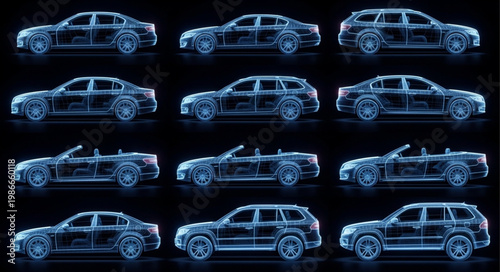 Collection of futuristic car outlines in blue digital wireframe style.
