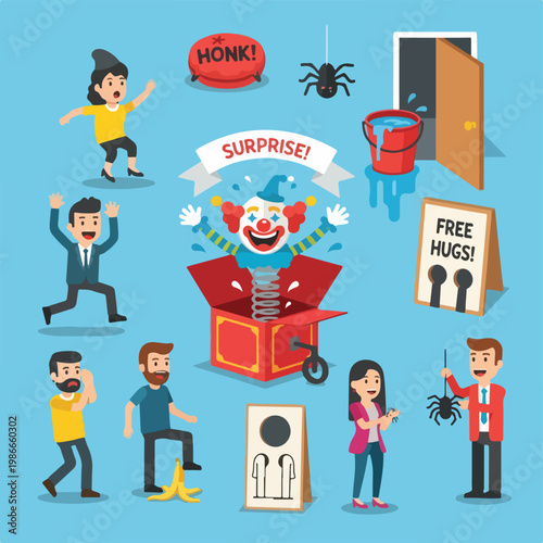 A cartoon illustration depicting people reacting to funny surprises