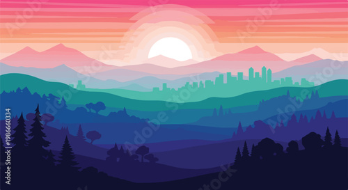 A serene landscape with a vibrant sunset over a city