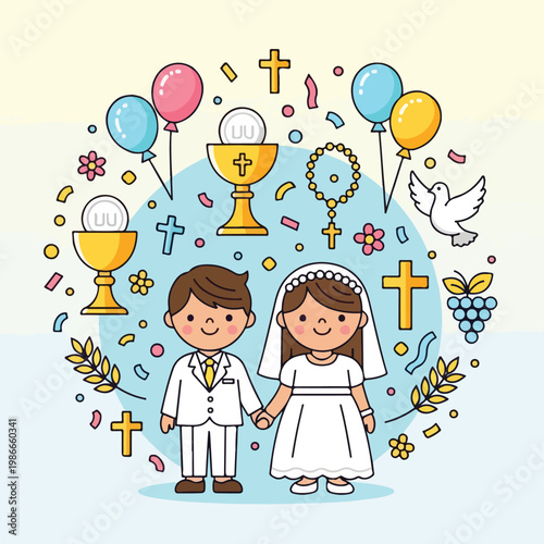 A cartoon illustration of a boy and girl in white attire