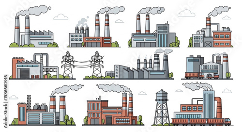 Collection of Industrial Factory Buildings with Smoke Stacks.