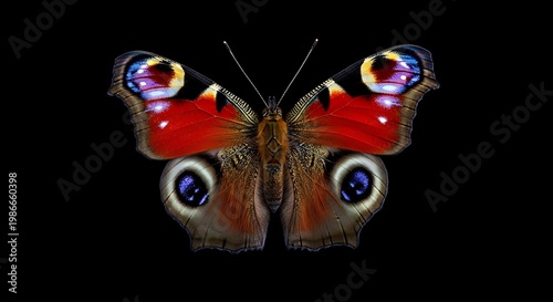 Vibrant peacock butterfly, red wings with striking eye patterns, on a black background